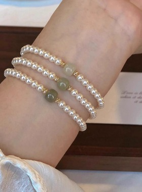 新中式正圆施家珍珠晴水和田玉手链女高级感轻奢国风小众设计手串