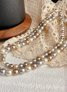 S925银元宝扣轻美拉德风 施家珍珠混咖色珍珠项链女