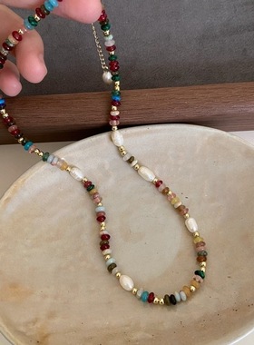 天然珍珠彩虹色石头多巴胺串珠项链女士配饰叠戴夏天新款颈链