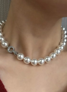 S925银施家强光珍珠顼链人造澳白珍珠项链女毛衣链礼物礼盒装
