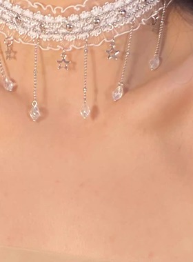 超仙！蕾丝星星流苏choker项圈白色花边流苏项链锁骨链设计感颈饰