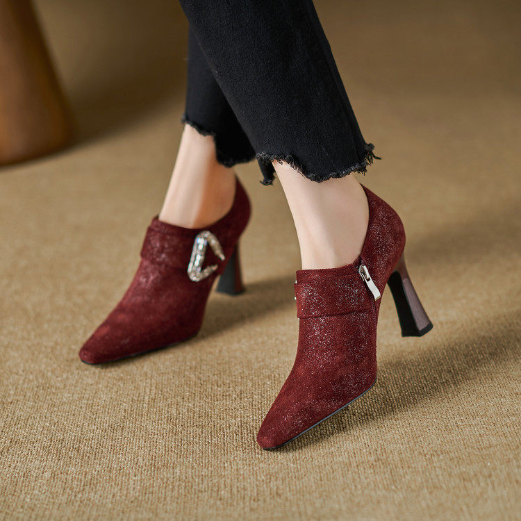 2026性感成熟气质钻扣方头9cm细跟酒红真皮秋季手工深口单,淘宝优惠券,粉丝福利购,淘宝优惠卷