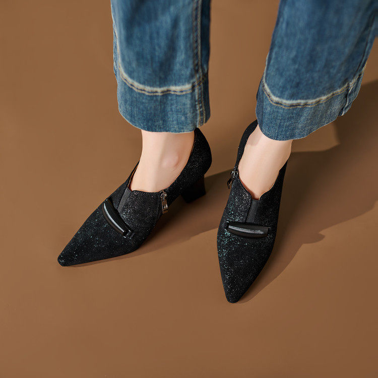 2026春秋季新款尖头真皮粗跟气质设计感小众高跟鞋复古深口单鞋女,淘宝优惠券,粉丝福利购,淘宝优惠卷