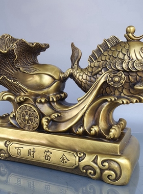 铜鸿运当头家居办公室装饰开业礼品纯铜百财福鱼步步高升白菜摆件