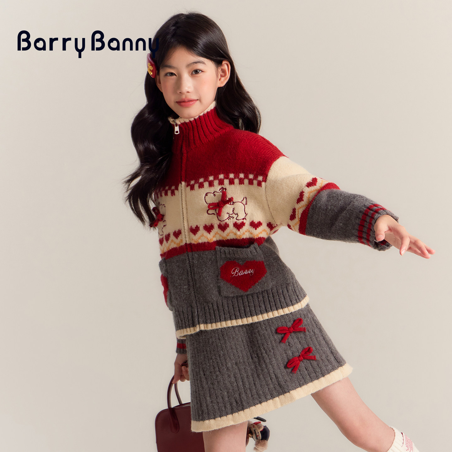 BarryBanny女童高领针织开衫冬季新款洋气女孩套装儿童蝴蝶结半裙,淘宝优惠券,粉丝福利购,淘宝优惠卷