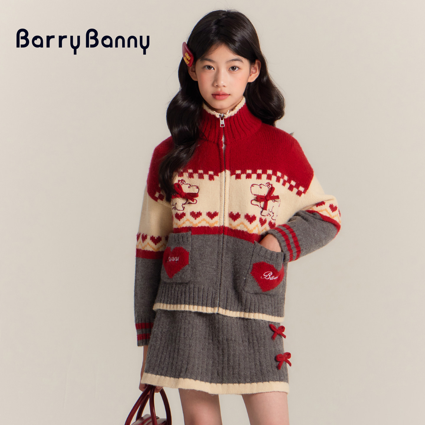 BarryBanny女童高领针织开衫冬季新款洋气女孩套装儿童蝴蝶结半裙,淘宝优惠券,粉丝福利购,淘宝优惠卷