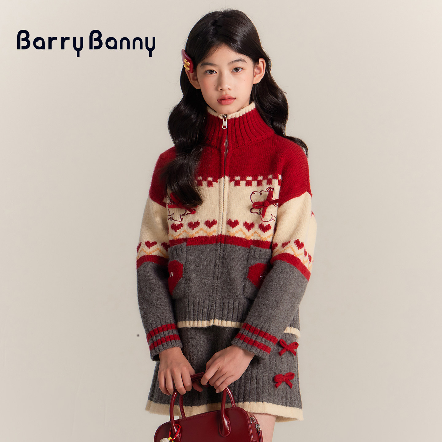 BarryBanny女童高领针织开衫冬季新款洋气女孩套装儿童蝴蝶结半裙,淘宝优惠券,粉丝福利购,淘宝优惠卷