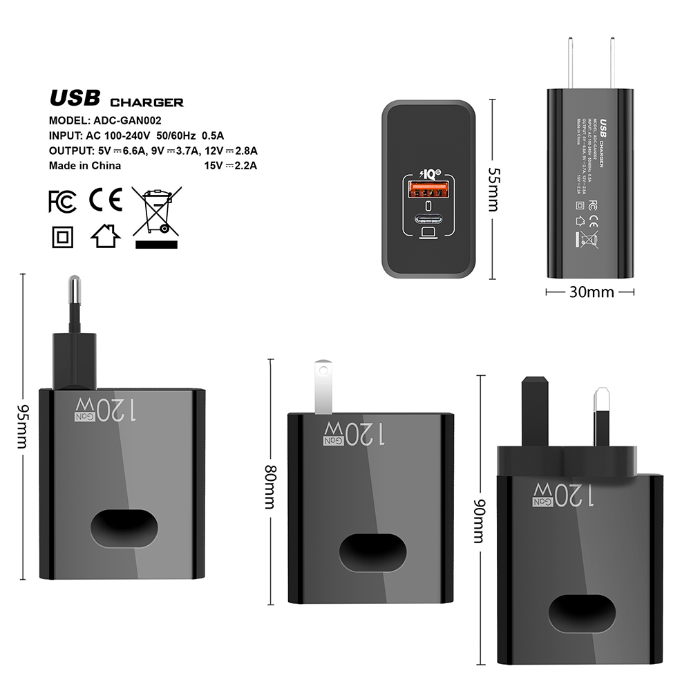 120w充电器适用于苹果12/13/14小米GaN氮化镓超级快充手机闪充插头香港澳门新加坡韩国欧美规港版英规充电头-图2