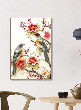 新中式老钱风壁画客厅装饰画宋式美学刺绣鱼松鹤图延年中堂画挂画