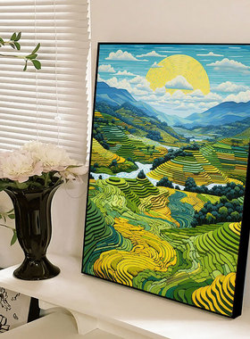 万里梯田手绘油画客厅背景墙挂画农家乐田园风山村田野风景装饰画