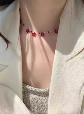 夏日小清新红色花朵串珠项链女