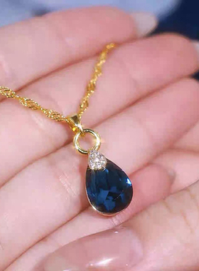 日韩气质蓝色水滴吊坠钛钢项链女