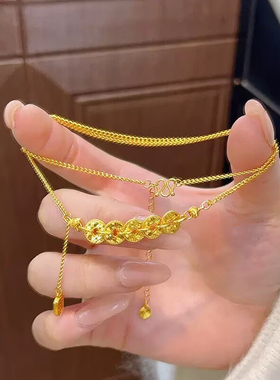 新中式金色碎冰冰五帝钱流苏项链