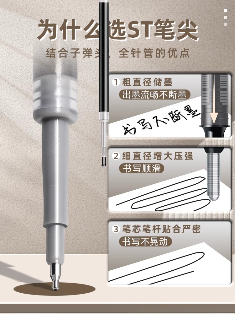 得力按动笔芯ST针管替芯尖锥CS芯子弹头芯学生考试中性笔黑色0.5 - 图0