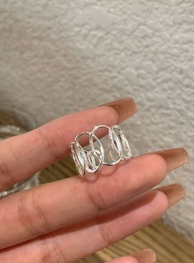 通体S999足银几何镂空不规则椭圆戒指女ins时尚小众设计简约轻奢