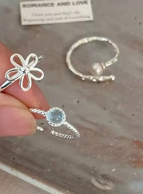 S999足银天然海蓝宝戒指女简约时尚小清新ins指环气质冷淡风手饰