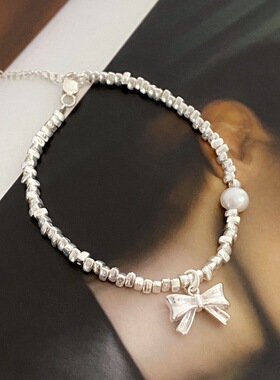 通体S925纯银轻奢精致少女心碎银子蝴蝶结珍珠手链女ins简约甜美