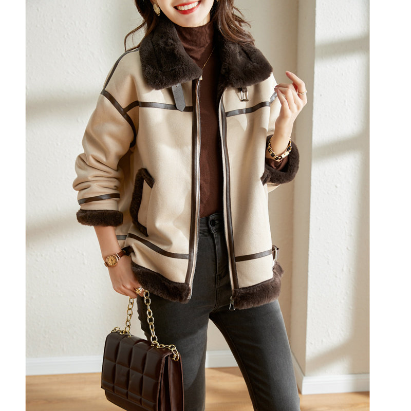 皮毛一体鹿皮绒短款冬季新款机车服 yashlandy女装短外套