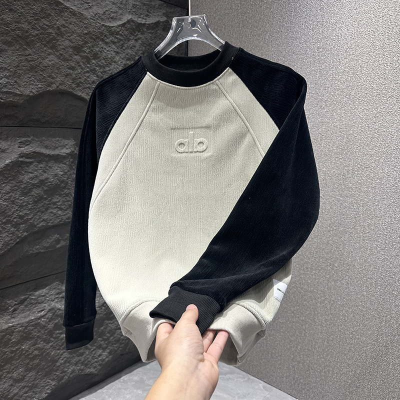 痞帅男士潮流百搭休闲拼色简约圆领卫衣秋冬加绒时尚字母钢印上衣 - 图0