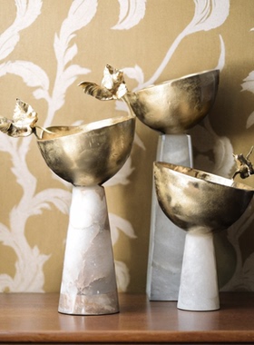 壹铭汇新中式云石底座铜盘装饰果盘摆件禅意中古风样板间售楼处