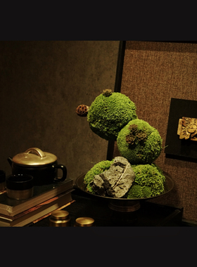 新中式样板间售楼处托盘青苔质感装饰画软装玄关软装高级感组合