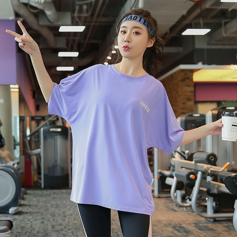 大码宽松瑜伽服T恤女夏季短袖健身速干衣200斤跑步胖妹妹运动上衣-图0