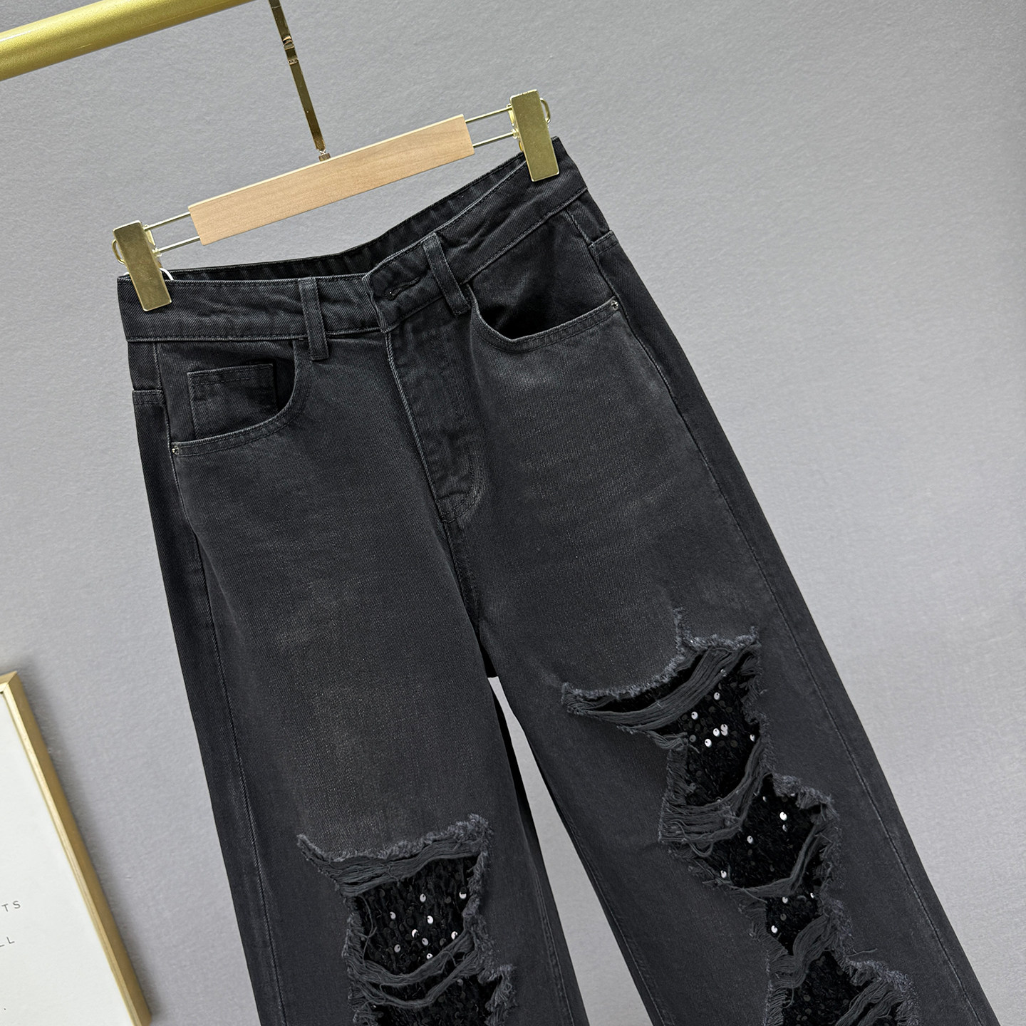 假破洞亮片牛仔裤女加长裤2025年秋季新款高腰宽松显瘦欧式阔腿裤,淘宝优惠券,粉丝福利购,淘宝优惠卷