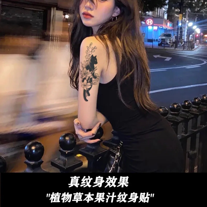 暗黑系新款黑猫草本果汁纹身贴持久防水男女不反光不掉色花臂-图2