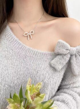 韩系轻奢显白蝴蝶结珍珠锁骨链女