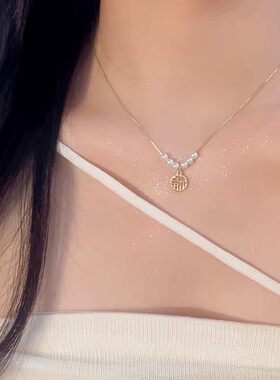 ins风小众设计福牌月光石项链金色链条珍珠颈链 高级感礼物锁骨链