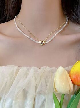 日韩轻奢珍珠金色心形双层锁骨链