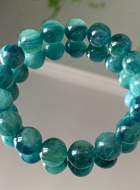 天然双色透体蓝绿猫眼蓝晶石手链