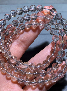 天然冰透银发晶三圈手串浓密发丝