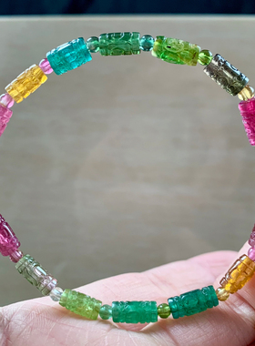 天然碧玺回纹珠单圈手链巴西彩虹