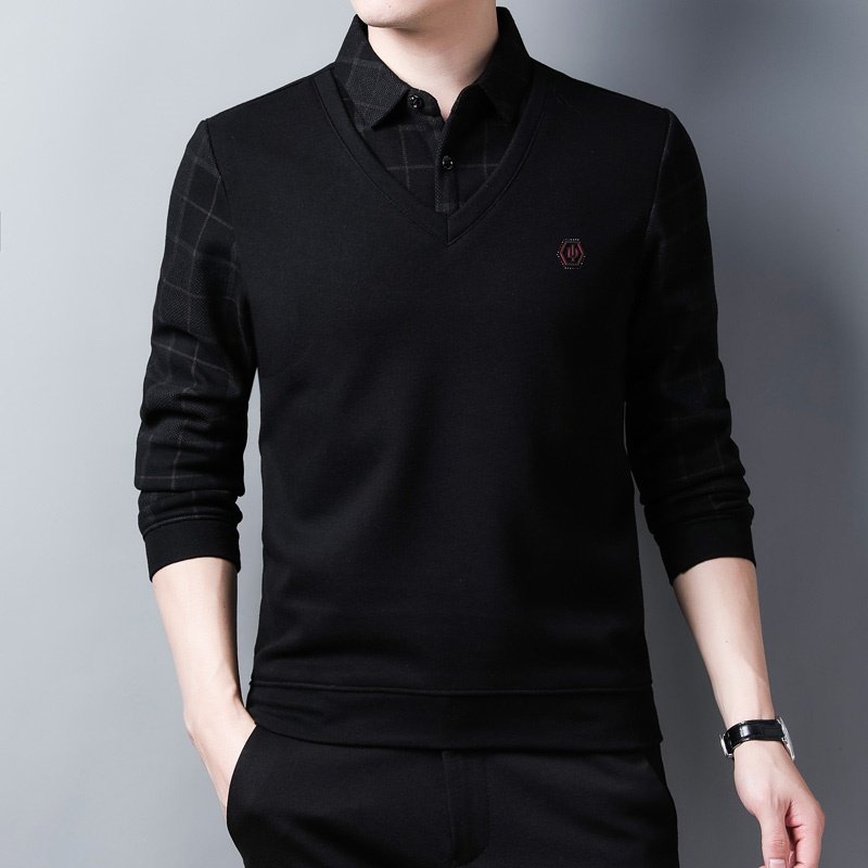 衬衫领假两件套男春秋季长袖t恤薄款毛衣假领针织衫上衣条纹衬衣,淘宝优惠券,粉丝福利购,淘宝优惠卷
