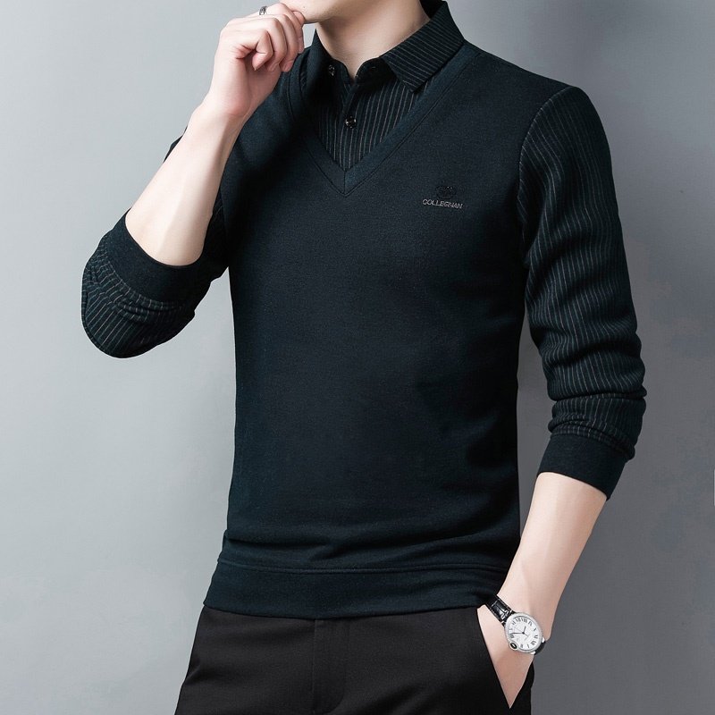 衬衫领假两件套男春秋季长袖t恤薄款毛衣假领针织衫上衣条纹衬衣,淘宝优惠券,粉丝福利购,淘宝优惠卷