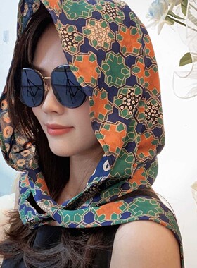 防晒丝巾帽女士双面包头头巾帽夏季户外遮阳丝巾休闲时尚百搭披肩