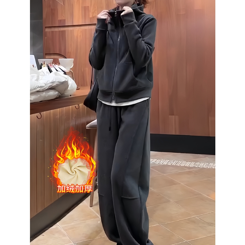 加绒加厚保暖时尚休闲连帽套装女2025冬季新款口袋阔腿裤两件套女,淘宝优惠券,粉丝福利购,淘宝优惠卷