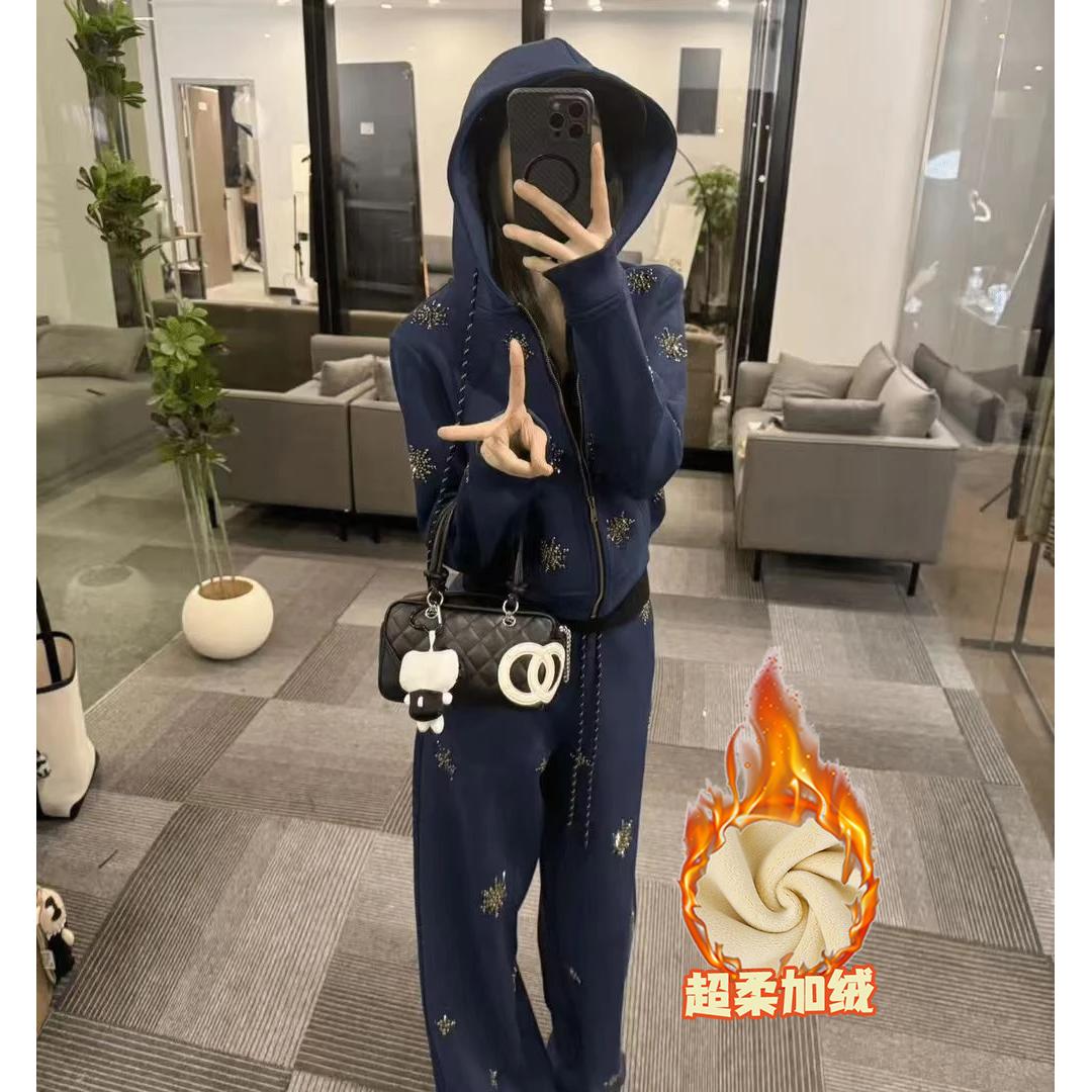 加绒加厚慵懒风高级感两件套装女新款韩版时尚保暖显瘦连帽套装女