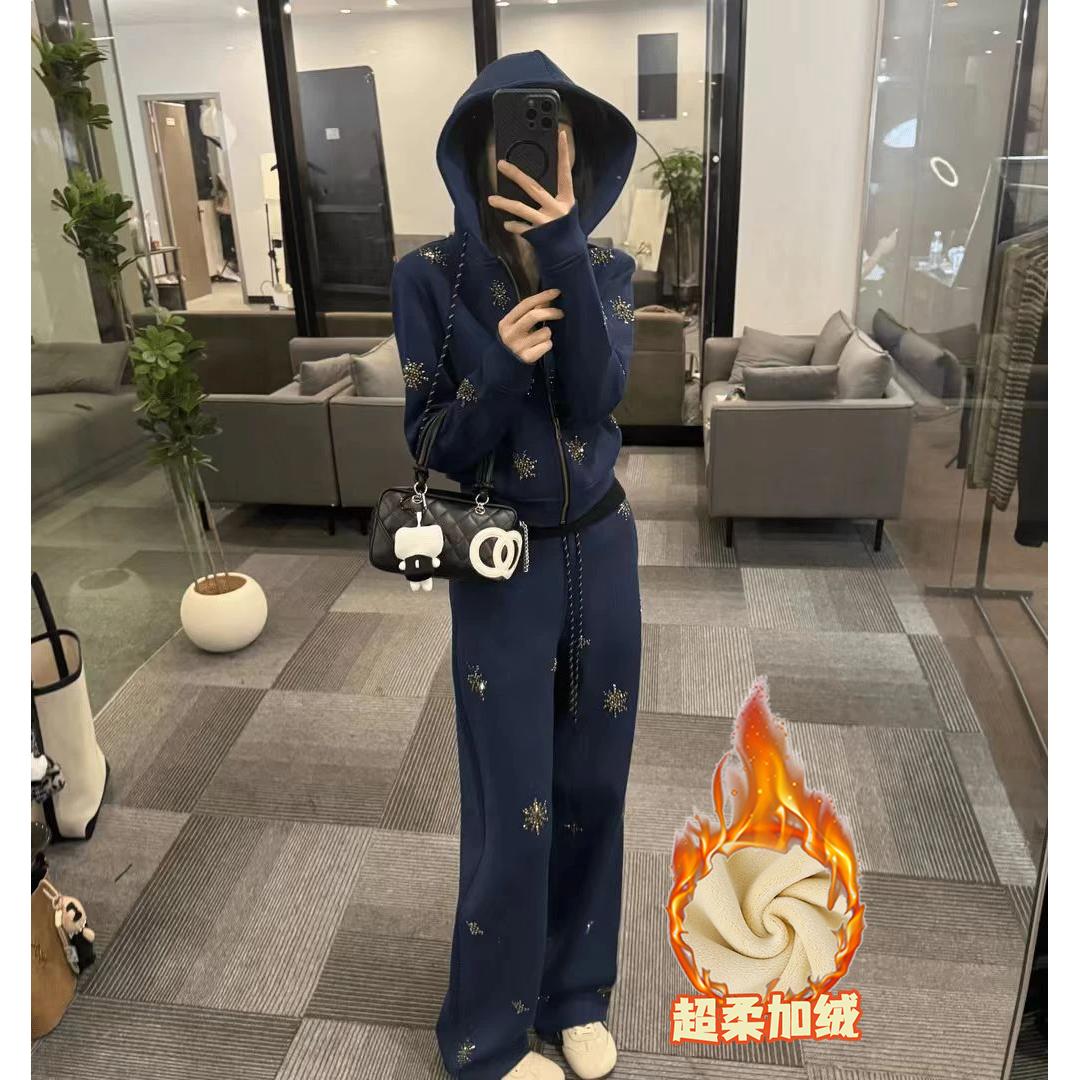 加绒加厚慵懒风高级感两件套装女新款韩版时尚保暖显瘦连帽套装女