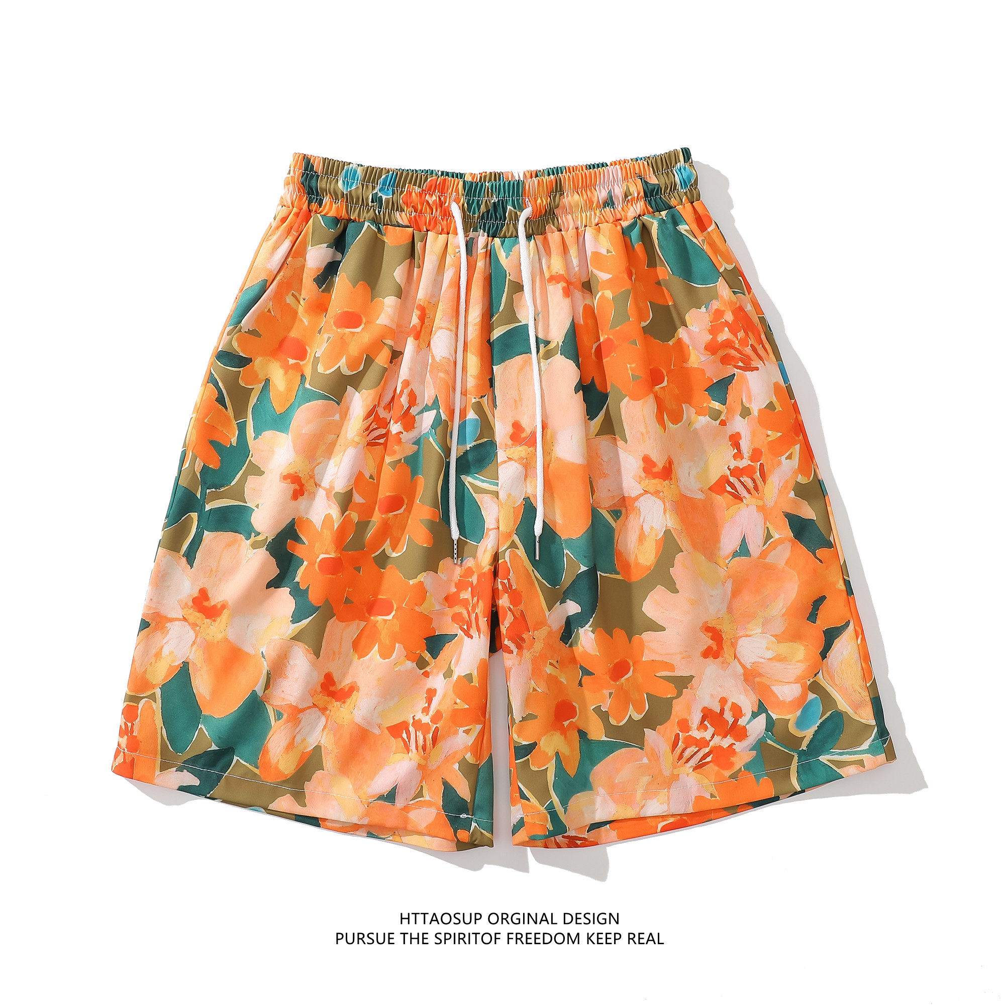 HTTAOSUP港风复古碎花短裤男vintage油画夏威夷风情侣休闲沙滩裤,淘宝优惠券,粉丝福利购,淘宝优惠卷