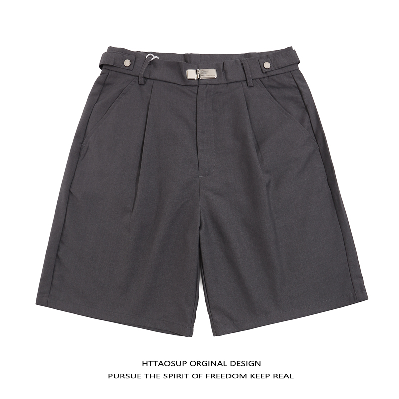 HTTAOSUP夏季宽松潮流设计感高级黑色五分裤直筒宽松休闲西裤短裤