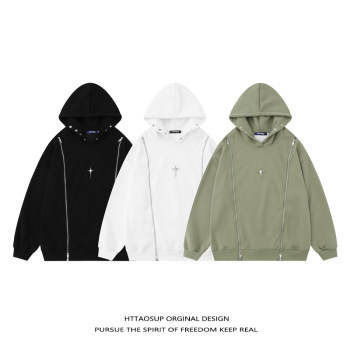 HTTAOSUP American double zipper hooded sweatshirt men's high street metal couple jacket niche hollow design hoodie