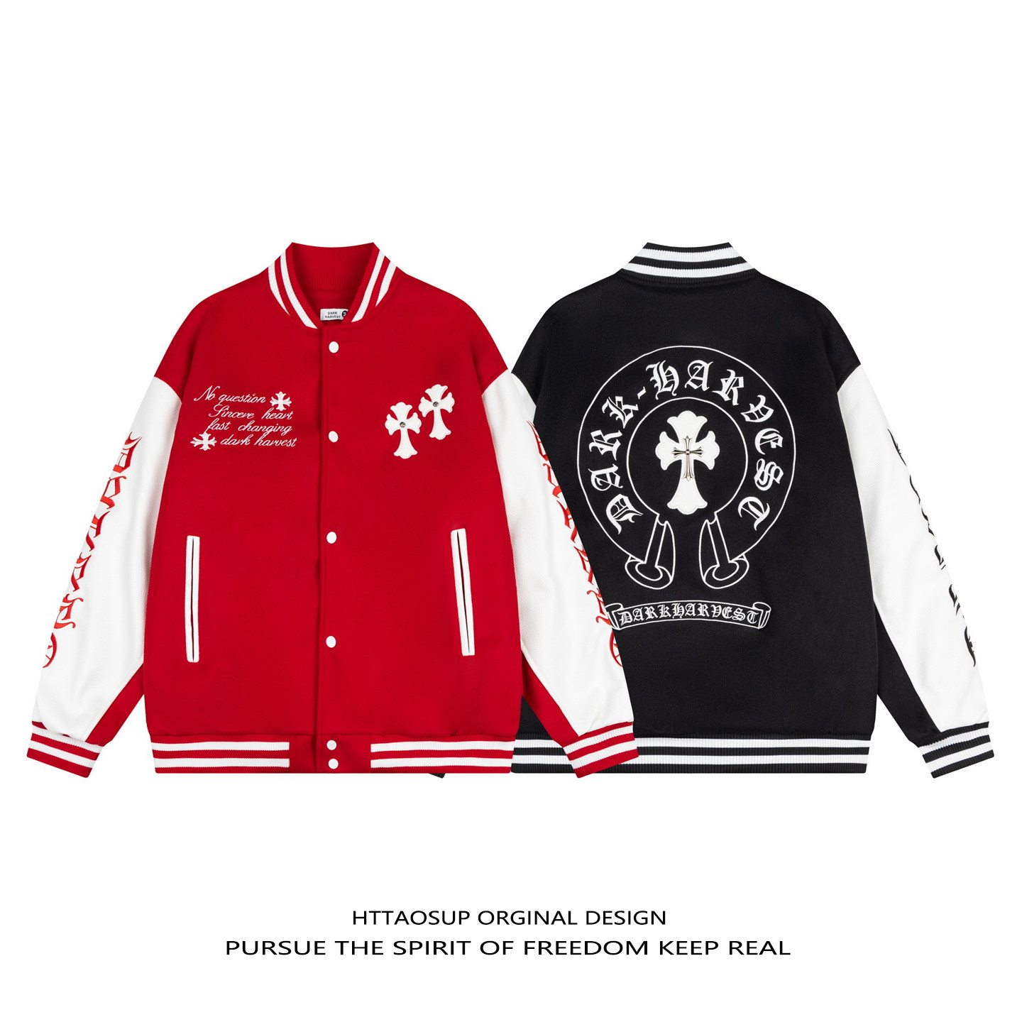 HTTAOSUP美式复古字母刺绣十字架棒球服夹克男女宽松夹棉外套潮牌,淘宝优惠券,粉丝福利购,淘宝优惠卷