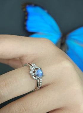 大蓝闪蝶真蝴蝶镀银戒指月亮钻石大气精致ins风生日礼物送女友