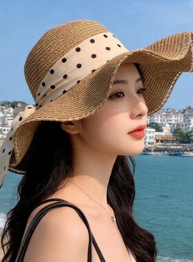法式大帽檐防晒帽草帽氛围感蕾丝帽女夏季编织遮阳帽沙滩海边度假