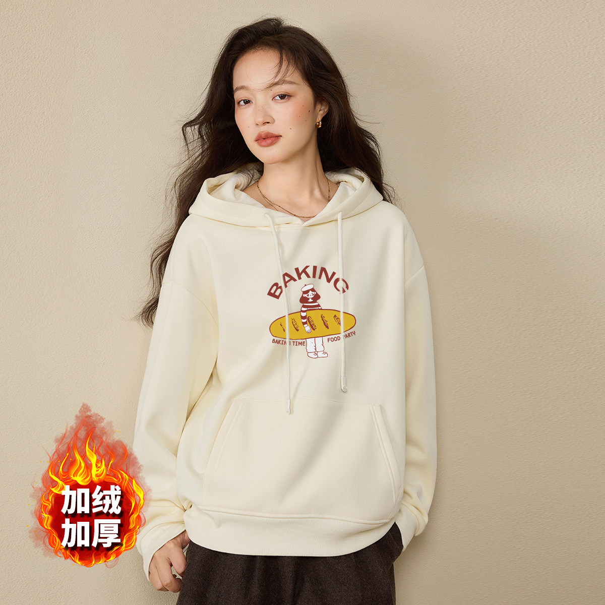 茵曼2025冬季新款长袖加绒保暖卫衣外套女士连帽宽松休闲百搭上衣 - 图0