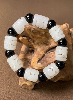 100%天然真玉和田玉手串男女款白玉桶珠镂空天然玉石手链青海料珠