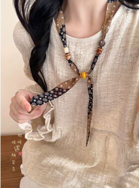 波点丝巾可调节串珠项链女秋冬高级感复古毛衣链装饰点缀衣服配饰