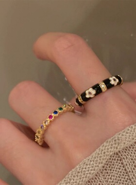 法式复古彩色锆石黑色滴釉花朵戒指女小众设计感百搭精致开口指环